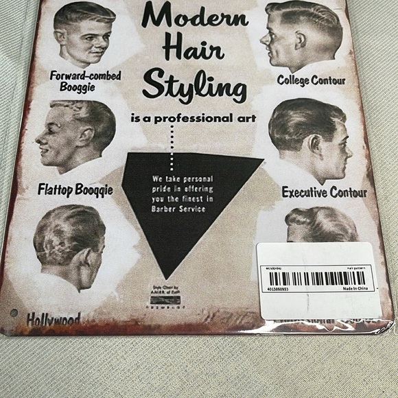 Vintage Vibe NWT 50s Men's Hair Styling Tin Metal Sign Barbershop Black White - Picture 3 of 6